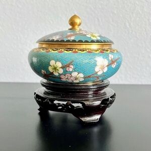 Vintage Antique Teal Blue Cloisonne Lidded Jar On Wood Base